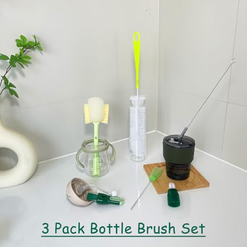 Water Bottle Brush with 5-in-1 Multi-Function, Baby Bottle Brush for Cleaning Nipple/Cup Lid Gap, Straw Bottle Cleaner, 15.1" Long Handle for Narrow Bottleneck Decanter, 3 Pack Set - color: White-green