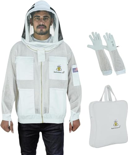 3-Layer Ventilated Mesh Bee Jacket for Men & Women with Veils Sting-Proof Beekeeping Jacket with Leather Gloves & Bag - color: White Fencing Veil, size: XX-Large