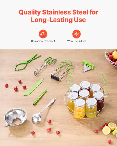 VEVOR Canning Supplies Starter Kit, 9 Pieces Stainless Steel Water Bath Canning Kit for Beginners, Canning Tools Set: Rack, Ladle, Measuring Spoon, Funnel, Tongs, Jar Lifter, Jar Wrench - size: 9PCS+