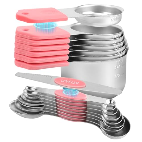 16-Piece Stainless Steel Measuring Cups and Spoons Set, Strong Magnetic Nesting Design 7 Cups 8 Spoons with Leveler, Double Measurement Markings for Dry & Liquid Ingredients, Pink - color: 16-Piece Pink