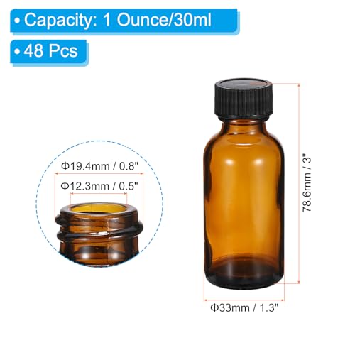 PATIKIL 1oz(30ml) Glass Sample Bottles, 48Pcs Round Bottle Dispensing Bottles with Black Poly Cone Cap for Reagent Liquids, Essential Oils, Perfume, Amber - color: Amber,Black, size: 1 fl oz