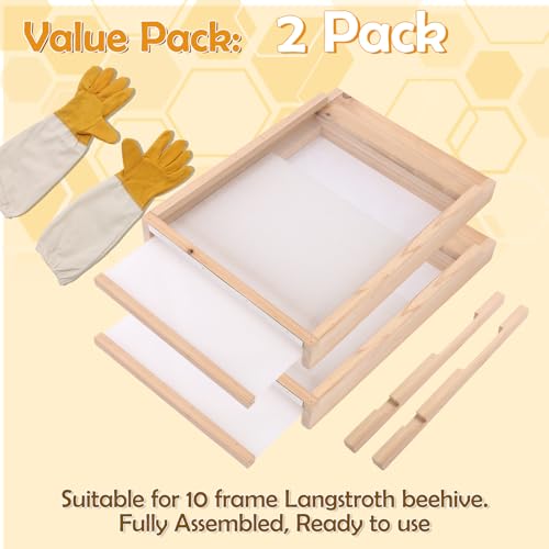 2-Pack Screened Bottom Board for 10-Frame Langstroth Beehive - Unfinished Solid Wood Beekeeping Base with Removable Tray & Entrance Reducer - Includes 1 Pair Protective Gloves