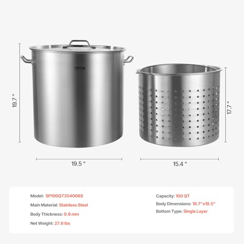 VEVOR Stainless Steel Stockpot, 100 Quart Large Cooking Pots, Cookware Sauce Pot with Basket, Lid, and Handle, Heavy Duty Commercial Grade Stock Pot, Sanding Treatment, for Large Groups Events Silver - size: 100 Quarts