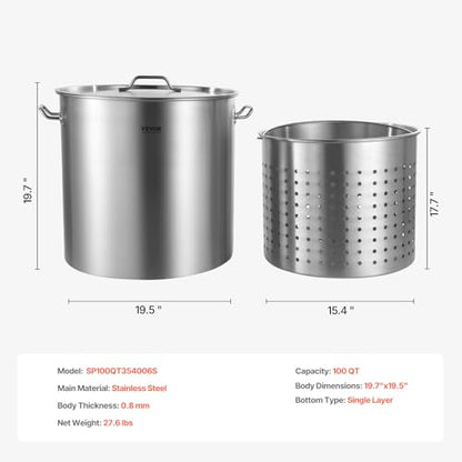 VEVOR Stainless Steel Stockpot, 100 Quart Large Cooking Pots, Cookware Sauce Pot with Basket, Lid, and Handle, Heavy Duty Commercial Grade Stock Pot, Sanding Treatment, for Large Groups Events Silver - size: 100 Quarts