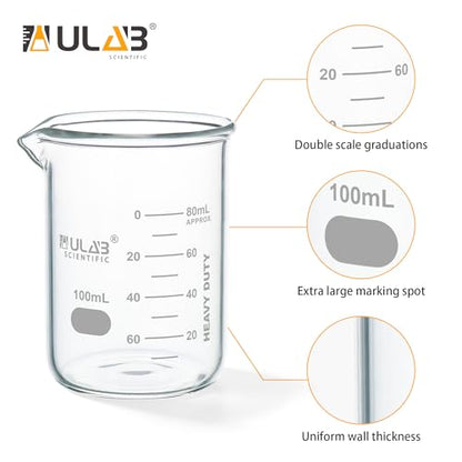 ULAB Scientific Glass Beaker Set, Vol.100ml, Shot Glass, 3.3 Borosilicate Griffin Low Form with Printed Graduation, Pack of 6, UBG1014 - style: Vol.100ml,Pack of 6