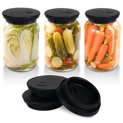 Silicone Fermenting Lids Waterless Airlock Fermentation Tops Wide Mouth Fermenter Caps for Pickles, Kimchi and Fermented Probiotic Food 3 Pack Black (Jars Not Included) - color: Black