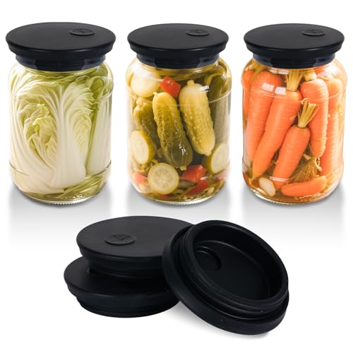 Silicone Fermenting Lids Waterless Airlock Fermentation Tops Wide Mouth Fermenter Caps for Pickles, Kimchi and Fermented Probiotic Food 3 Pack Black (Jars Not Included) - color: Black