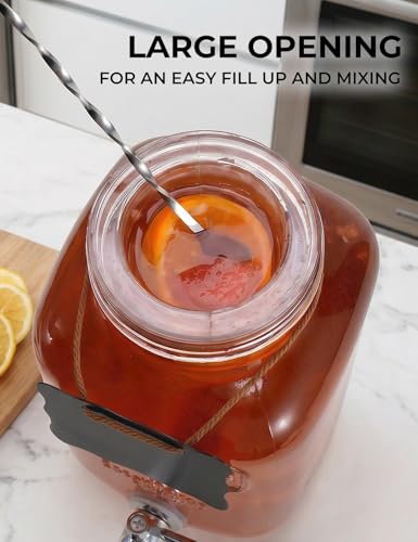 Glass Drink Dispenser for Parties, 1 Gallon Beverage Dispenser with Stand & Stainless Steel Spigot, 2 Pack Lemonade Dispenser with Fruit Filter & stirring spoon, Juice Pitcher for BBQ Picnic Party