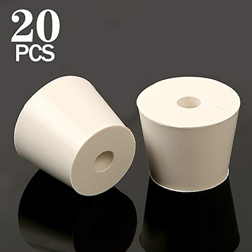 KEILEOHO 20 Pack Drilled Natural Rubber Stopper # 6, Solid Rubbers Stoppers Bungs, Rubber Stopper with 5/16 Inch Diameter Holes for glass jug, Carboy Tapered Bung