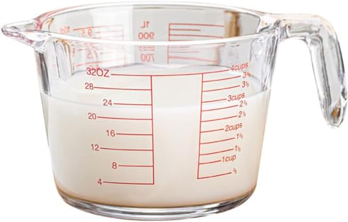X-Large Tempered Glass Measure Cup - Bold Red Increments - 32 oz. - 4 Cup or 1000L- 10DL Multi Purpose Measuring, Liquid & Dry Ingredients - Kitchen Tool - Red