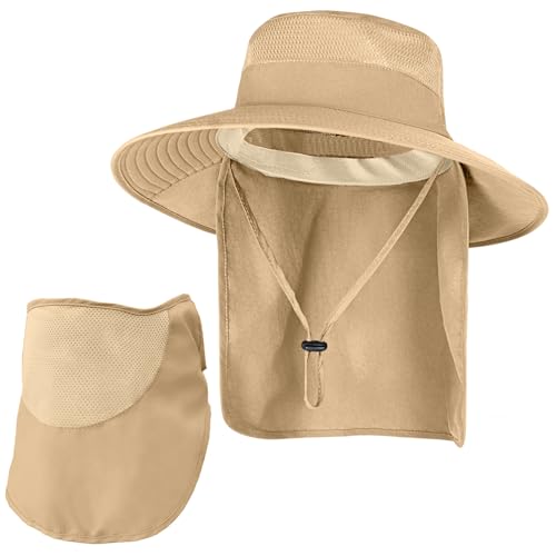 Sun Hats for Men Women Fishing Hat UPF 50+ Breathable Wide Brim Bucket Hats Summer UV Protection Safari Hat with Neck Flap - color: Khaki (With Face Cover)