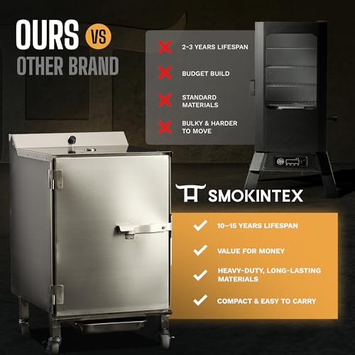 SmokinTex 'The OG' Electric Smoker - Spacious & Insulated Stainless Steel Meat Smoker with 700W Heating, & Temperature Control for BBQ, Jerky, Vegetables - size: 70 lb.