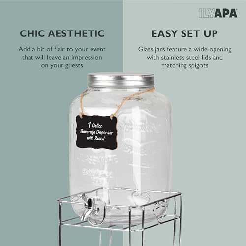 Ilyapa Outdoor Glass Beverage Dispenser with Sturdy Metal Base, Stainless Steel Spigot & Hanging Chalkboard - 1 Gallon Drink Dispenser