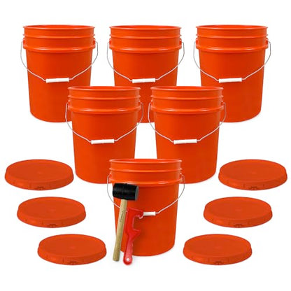 ePackageSupply 5 Gallon Plastic Bucket with Airtight Lid | Food Grade Bucket | BPA-Free | Heavy Duty 90 Mil All Purpose Pail | One 12" Rubber Mallet & One Lid Opener Included | 6 Pack - color: Orange, size: 6 Packs