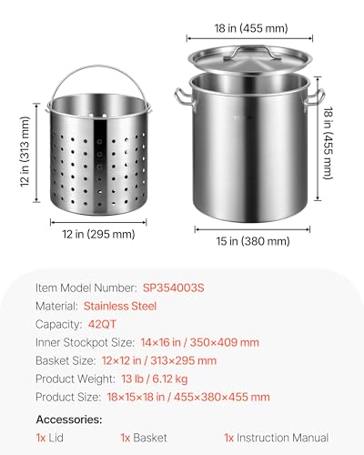 VEVOR Stainless Steel Stockpot, 42 Quart Large Cooking Pots, Cookware Sauce Pot with Strainer, Lid, and Handle, Heavy Duty Commercial Grade Stock Pot, Sanding Treatment, for Large Groups Events Silver - size: 42 Quarts