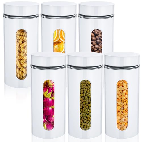 Mimorou 6 Pack Kitchen Canisters Set Airtight Coffee Sugar Tea Storage Jars with Window Glass Stainless Steel Containers with Lids for Flour Cookies Spices Grains Kitchen Decorations(White,44 oz) - color: White, size: 44 oz
