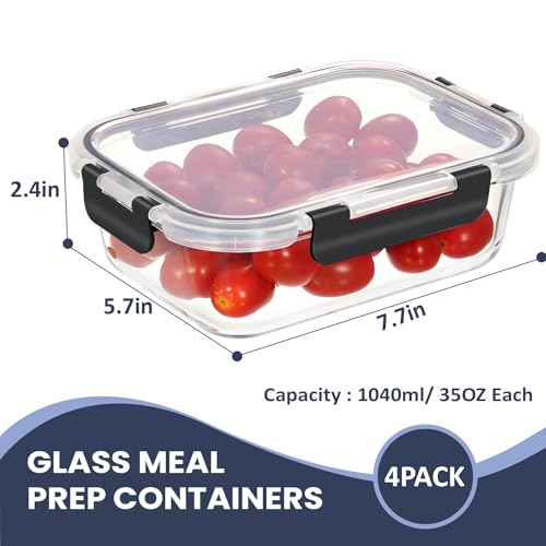 HOTEC 35OZ Glass Food Storage Container, Airtight Glass Lunch Fruit Containers with Lids - Microwave, Oven, Freezer and Dishwasher Safe, 4-PACK - size: 4Pack 35OZ