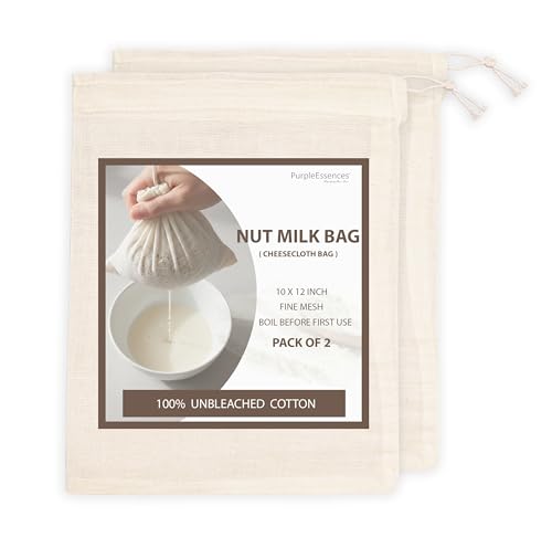 PurpleEssences Ultra-Dense Unbleached Cotton Nut Milk & Filter Bags Reusable Cheesecloth Drawstring Strainers for Cheese Making, Straining, Storage, Sprouting - Set of 2-10x12 Inch - Natural - size: 10 x 12 Inch