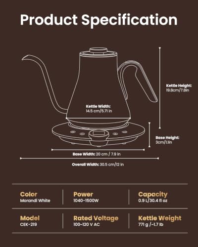 INTASTING Gooseneck Electric Kettle, ±1℉ Temperature Control, Stainless Steel Inner, Quick Heating, for Pour Over Coffee, Brew Tea, Boil Hot Water, 1500W/0.9L (Morandi White) - color: Morandi White