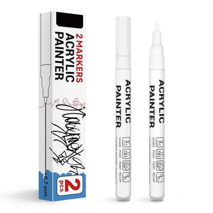 Acrylic Paint Pens Waterproof Markers 2 White Permanent Marker Pens Acrylic Pens for Rock Painting Glass Stone Ceramic Metal Fabric Pebble Painting pens Craft Supplies - color: White
