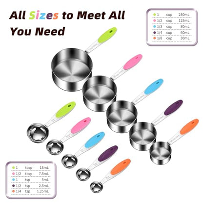 10-Piece Measuring Cups and Spoons Set, 304 Stainless Steel with Color-Coded Handles, Engraved Markings Never Fade, Plastic Free, Dishwasher Safe, Includes 1/8 Cup & 1/4 Tsp