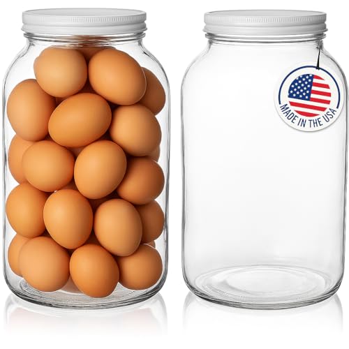 kitchentoolz 1 Gallon Glass Mason Jar with Airtight Lid for Water Glassing Eggs & Pickled Egg with Pickling Lime– Wide Mouth, BPA-Free, Made in USA – 2 Pack