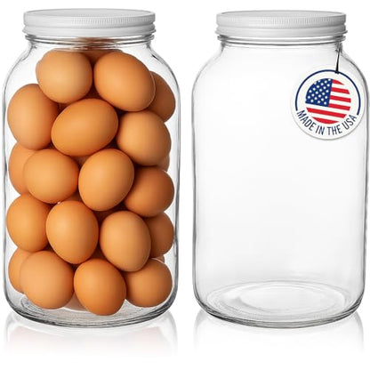 kitchentoolz 1 Gallon Glass Mason Jar with Airtight Lid for Water Glassing Eggs & Pickled Egg with Pickling Lime– Wide Mouth, BPA-Free, Made in USA – 2 Pack