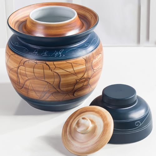 Traditional Chinese Porcelain Pickle Jar, Ceramic Fermenting Jar with Water Seal Airlock Lid, Turnip Kimchi Sauerkraut Fermentation Crock Pickling Pot(3.5kg, BlueA) - color: Bluea, size: 3.5kg