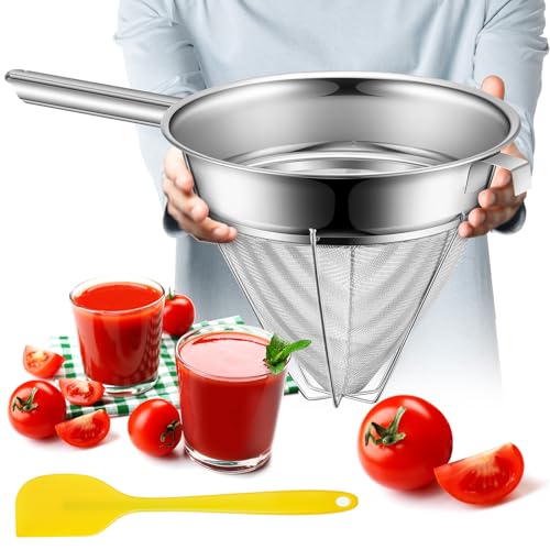 SiliFine 10 Inch Stainless Steel Reinforced Bouillon Sieve Strainer Cone Fine Mesh Strainer with Handle and Rubber Pestle for Kitchen Food Cooking - size: 10 Inch