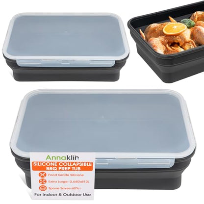 Silicone Collapsible Marinating Container with Lid for Meat, 2.64Gal/10L, 2 Pack Extra Large Collapsible BBQ Prep Tub, Transparent Locking Lid, XL Grill Prep Trays & Carry System, BBQ Must-Have, Black - color: Black | 2 Pack | 2.64 Gal