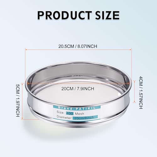 PATIKIL 400 Mesh(0.0385mm) Lab Sieve, 7.9"(20cm) Diameter Sifting Screen 304 Stainless Steel Wire Cloth Fine Mesh Sieve for Industrial Laboratory Home Soil Sifter Dry Sift Screens Hash - size: 400 Mesh(0.0385mm)/7.9"