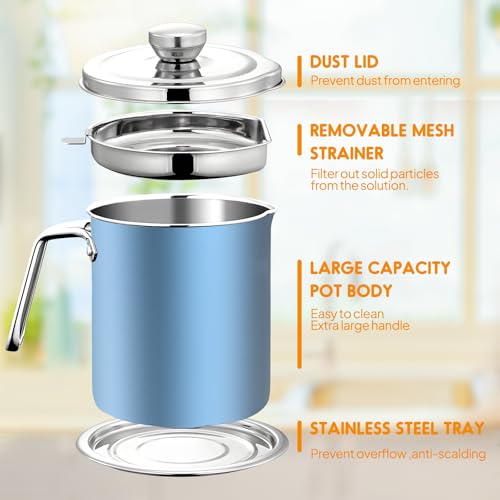 Chihee Grease Container Stainless Steel 2L / 67.6 fl oz Fine Mesh Strainer | Easy to Clean Large Spout Bacon Grease Saver Cooking Oil Keeper Stoarge Can with Dust-proof Lid Non-slip Tray Kitchen Frying - color: Azure(2L)