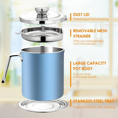 Chihee Grease Container Stainless Steel 2L / 67.6 fl oz Fine Mesh Strainer | Easy to Clean Large Spout Bacon Grease Saver Cooking Oil Keeper Stoarge Can with Dust-proof Lid Non-slip Tray Kitchen Frying - color: Azure(2L)