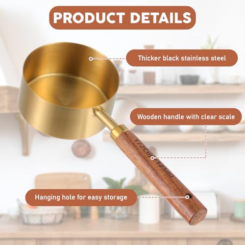 Stainless Steel Measuring Cups Set and Measuring Spoons Wooden Handle Metal Measure Cups and Spoons for Cooking and Baking, Gold, 8 Piece - color: Gold