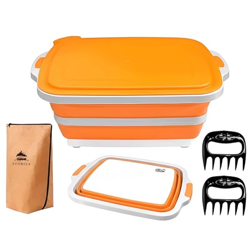 BBQ Prep Tub 16L, 3 in 1 BBQ Prep Tub Set, XL Collapsible Cutting Board Tub & Food Container with Lid, Includes 2 Meat Shredder Claws, Resting Blanket & Carry Bag, Ideal Grilling Tub for Camping