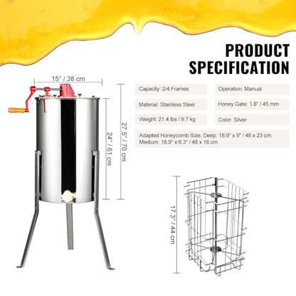 VEVOR Honey Extractor, 2/4 Frame Stainless Steel Manual Beekeeping Extraction, Honeycomb Drum Spinner with Transparent Lid, Apiary Centrifuge Equipment with Height Adjustable Stand, Silver - style: 4 Frame Rack(2 Deep Frames)