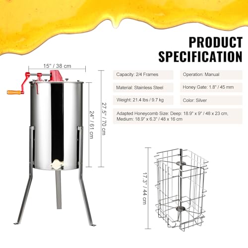 VEVOR Honey Extractor, 2/4 Frame Stainless Steel Manual Beekeeping Extraction, Honeycomb Drum Spinner with Transparent Lid, Apiary Centrifuge Equipment with Height Adjustable Stand, Silver - style: 4 Frame Rack(2 Deep Frames)