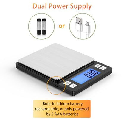 BOMATA 0.01g Small Digital Gram Scale, USB Rechargeable, Upgraded 1kg Jewelry Scale with Larger Display and Hold Function, High Precision, Grams and oz for Herb, Coin, Powder, Yeast, Kitchen Black - size: 0.01g/1kg Black