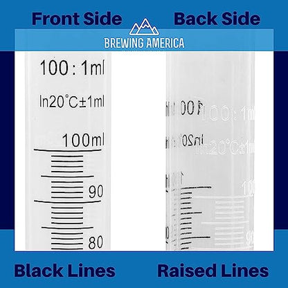 Brewing America 100ml Plastic Graduated Cylinder CASE PACK - 100ml Science Measuring Beaker Test Tube Flask, 2-sided Marking - Black and Raised Graduation Lines, Pour Spout