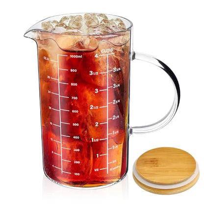 Glass Measuring Cup, 1000 ML (33.8 Oz, 4 Cup) High Borosilicate Glass Measuring Cup with Wood Lid Insulated Handle V-Shaped Spout for Kitchen Restaurant Easy To Read