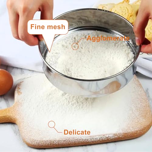 Flour Sifter for Baking 2 Pack, Round Flour Sifter Stainless Steel 6 Inch 60 Mesh and 8 Inch 40 Mesh Sieve Fine Meshs Flours Sieve Set for Baking Cake Bread Pastries - size: 6in 60 Mesh & 8in 40 Mesh