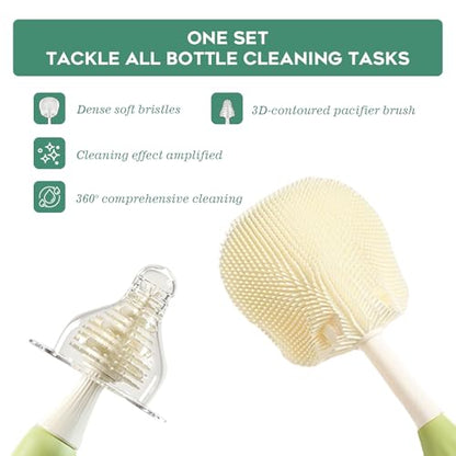 Baby Bottle Brush Set, Silicone Bottle Brush Cleaner with Nipple & Straw Brushes, Push-Press Bubble and Drying Rack for Bottle Cleaning,BPA-Free,Bottle Washer Brush for Breast Pump (Green) - color: Green
