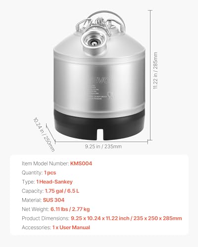 VEVOR Cleaning Keg, 1.75 Gallon/6.5L Keg Line Cleaning Kit with D Coupler Connection & Rubber Base, Beer Lines Cleaner Used for Beer Line Cleaning, 304Stainless Steel Kegerator Beers Lines Cleaner Kit - size: 1.75 Gal