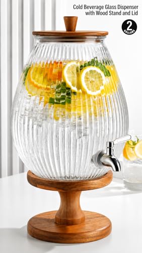 2 Gallon Drink dispenser, Glass Beverage Dispenser With Wood Stand, Large Water Drink Dispensers for Parties With Stainless Steel Spigot, Ideal for Lemonade,Juice, Tea, and Party Drinks - color: Clear - 2 Gallon