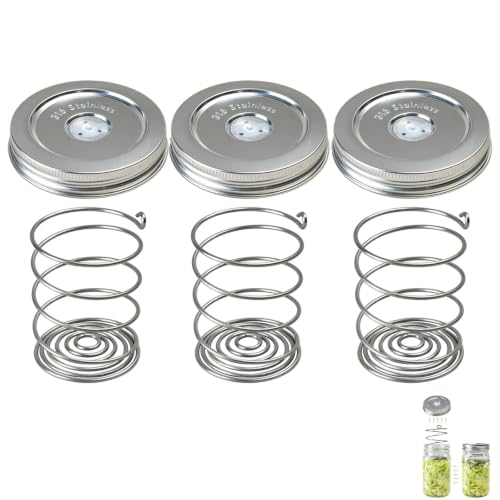 Stainless Steel Fermentation Lids Kit with Springs and Silicone Airlock for 16/24/32/64Oz Wide Mouth Mason Jars, Fermenting Set for Pickling, Kimchi, Kombucha & Sauerkraut (3PCS) - color: 3PCS