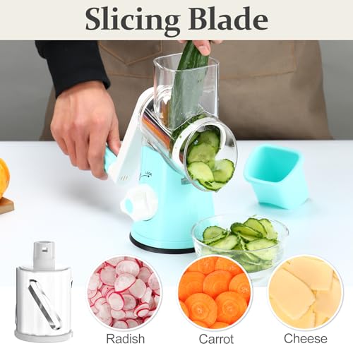 Cambom Rotary Cheese Grater Hand Crank Cheese Shredder for Fresh Cheese, Vegetable, Nuts,Non-slip Suction Base, Five Blades, Blue - color: Blue, size: 5 BLADES