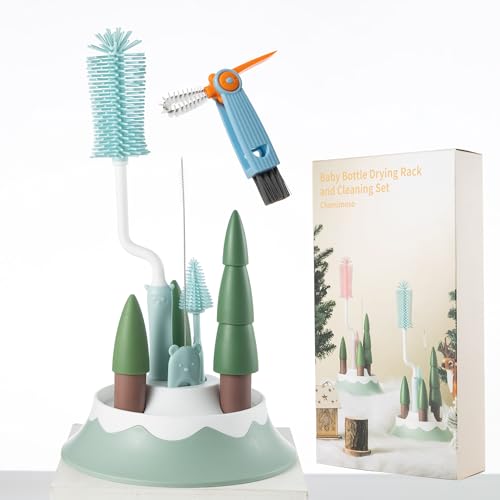 Chemimoso Baby Bottle Drying Rack and Cleaning Set, with Spinning Silicone Baby Bottle Brush, Pacifier Brush, Straw Brush, Cup Lid Cleaning Brush, 2025 Xmas Holiday Surprise Gift for Newmom, Blue - style: Set, Blue