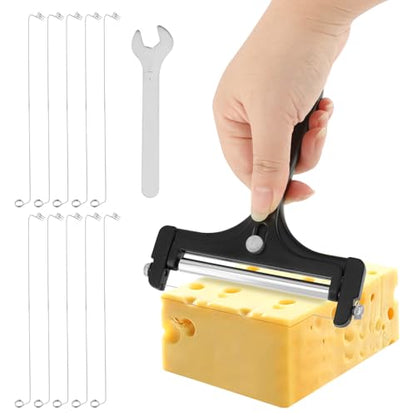 Stainless Steel Wire Cheese Slicer With 10 Extra Wires and Wrench, Adjustable Thickness Handheld Cheese Block Cutter for Butter Mozzarella Cheddar(COLOR:Black) - color: Black