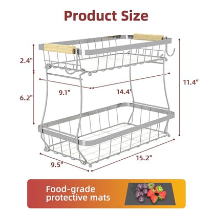 Sevenblue 2-Tier Fruit Basket with Banana Hangers, Detachable Metal Bowl | Wooden handle, protective mats included. Versatile holder for bread, snacks, and veggies. Extra Large 2 tier metal design. - color: Silver, size: 2 Tier Extra Large