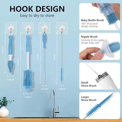 5-in-1 Silicone Bottle Brush Set, Baby Bottle Cleaning Brush with Straw Cleaner & Nipple Brush, BPA-Free Food-Grade Dishwasher Safe for Baby Bottles, Water Bottles, Sippy Cups, Sports Bottles - color: Blue